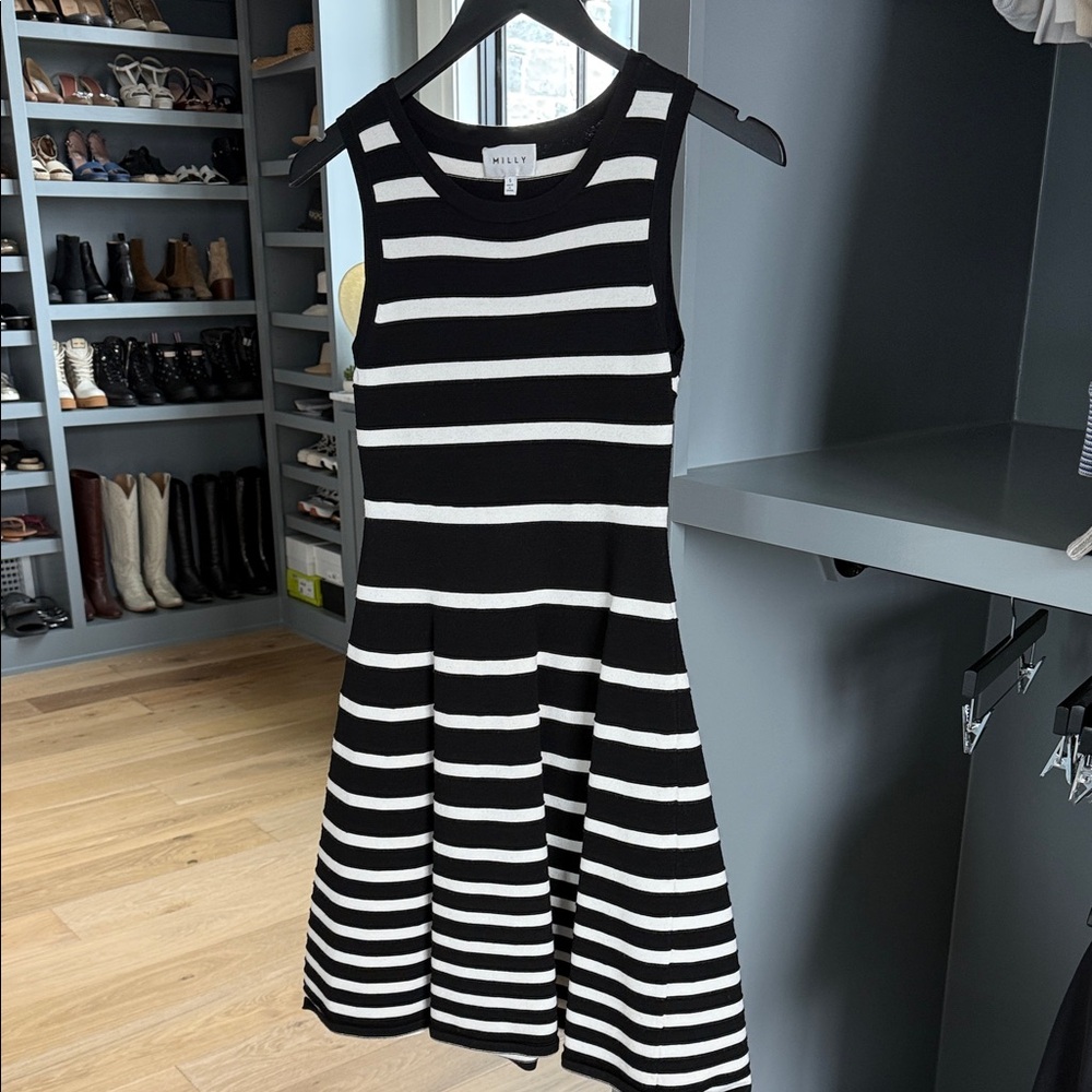 Milky Black and White Striped Fit & Flare Midi Dress